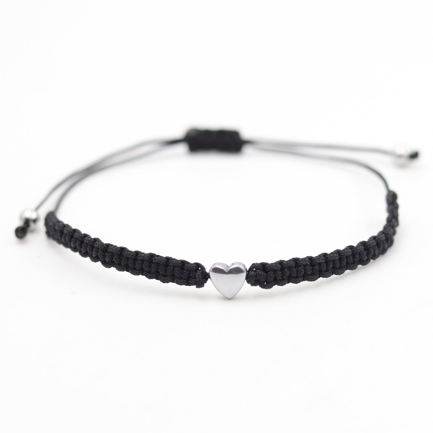 Unisex Braided Black Cord Bracelet with Silver Heart Bead – Adjustable Friendship Jewelry