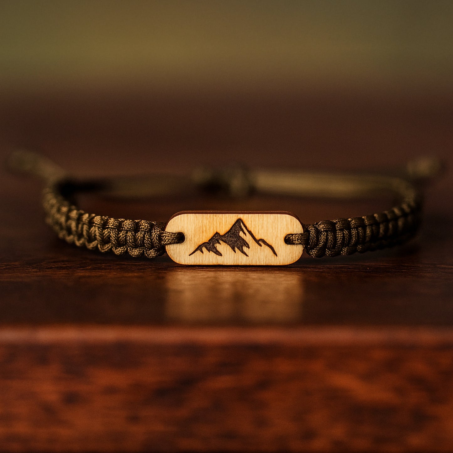 Handmade Wooden Mountain Bracelet – Adjustable Nylon Cord, Unisex, Multiple Rope Colors