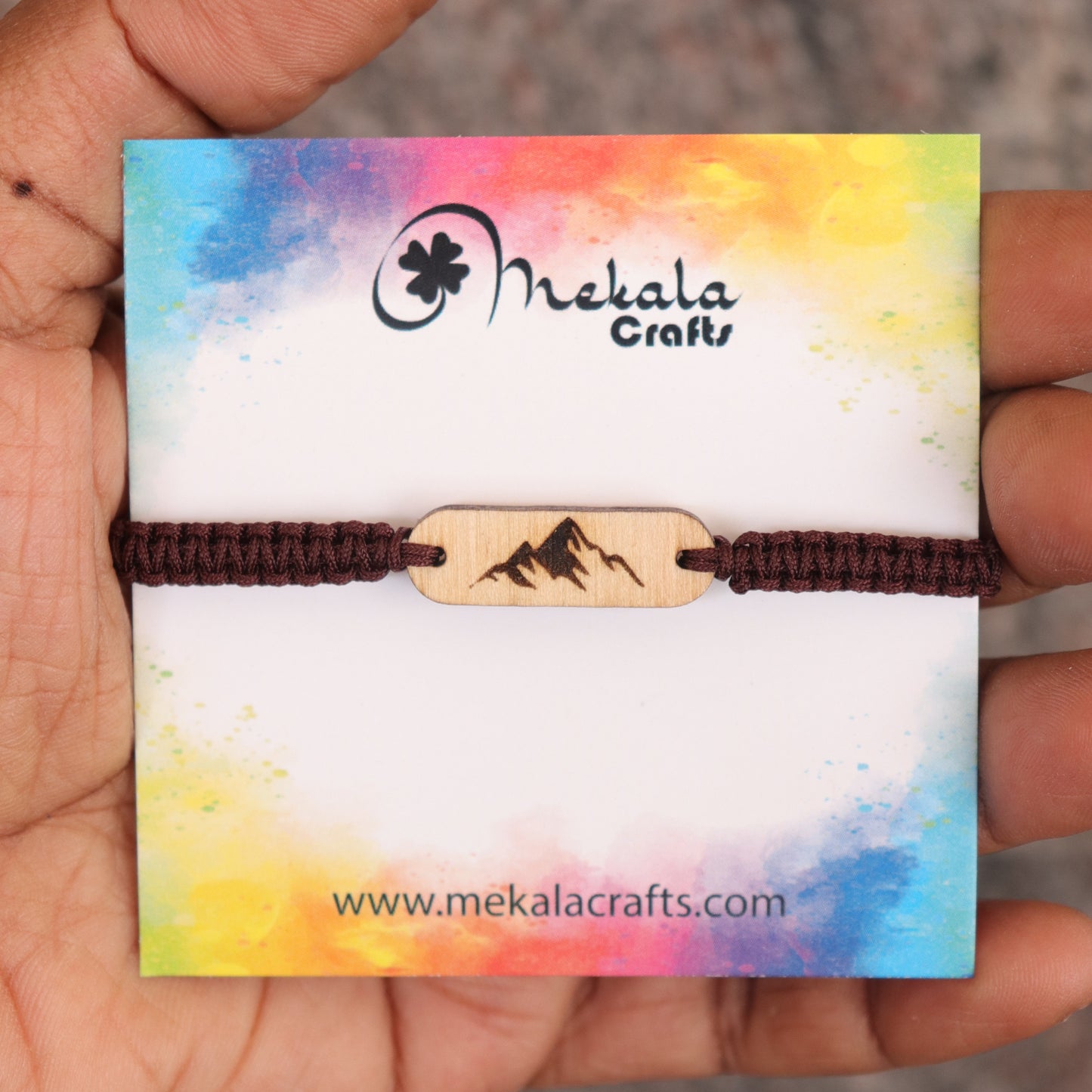 Handmade Wooden Mountain Bracelet – Adjustable Nylon Cord, Unisex, Multiple Rope Colors