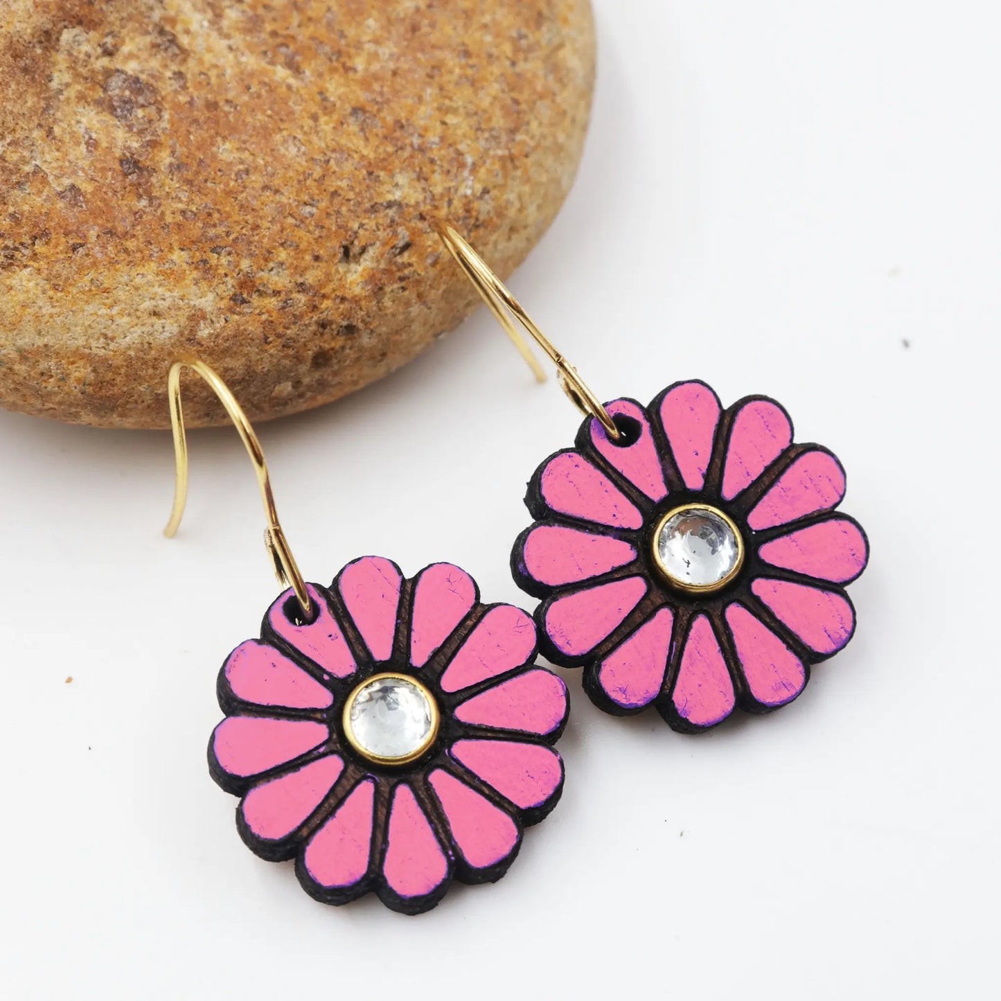 Wooden earrings | floral design embellished with kundan stones | hand-painted wooden light weight earrings
