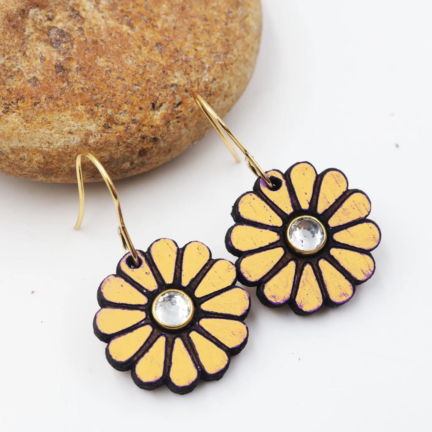 Wooden earrings | floral design embellished with kundan stones | hand-painted wooden light weight earrings