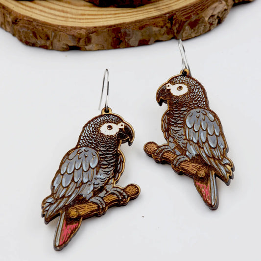 African Grey Parrot wooden earrings for women | hand painted wood earring