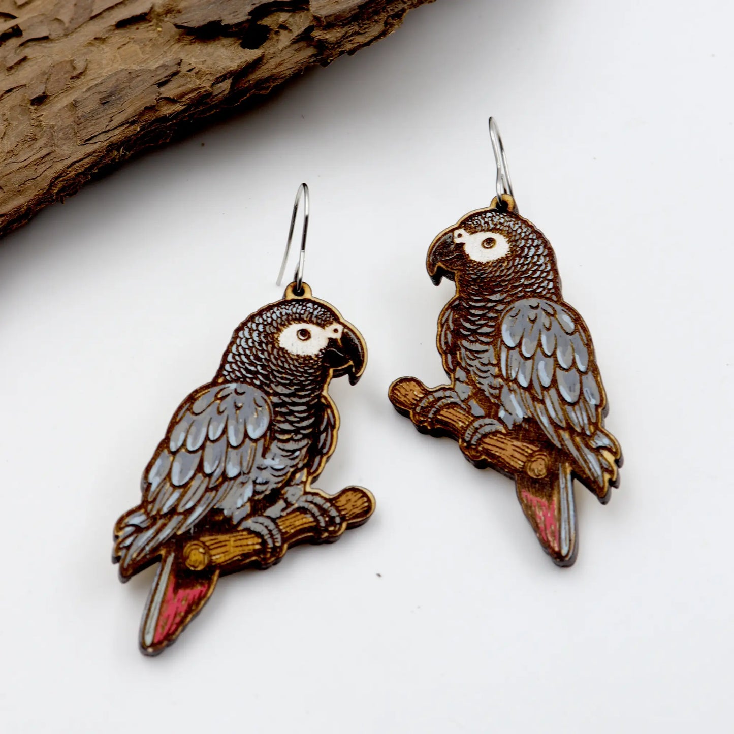 African Grey Parrot wooden earrings for women | hand painted wood earring