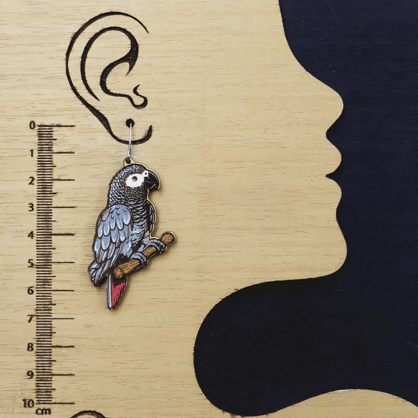 African Grey Parrot wooden earrings for women | hand painted wood earring