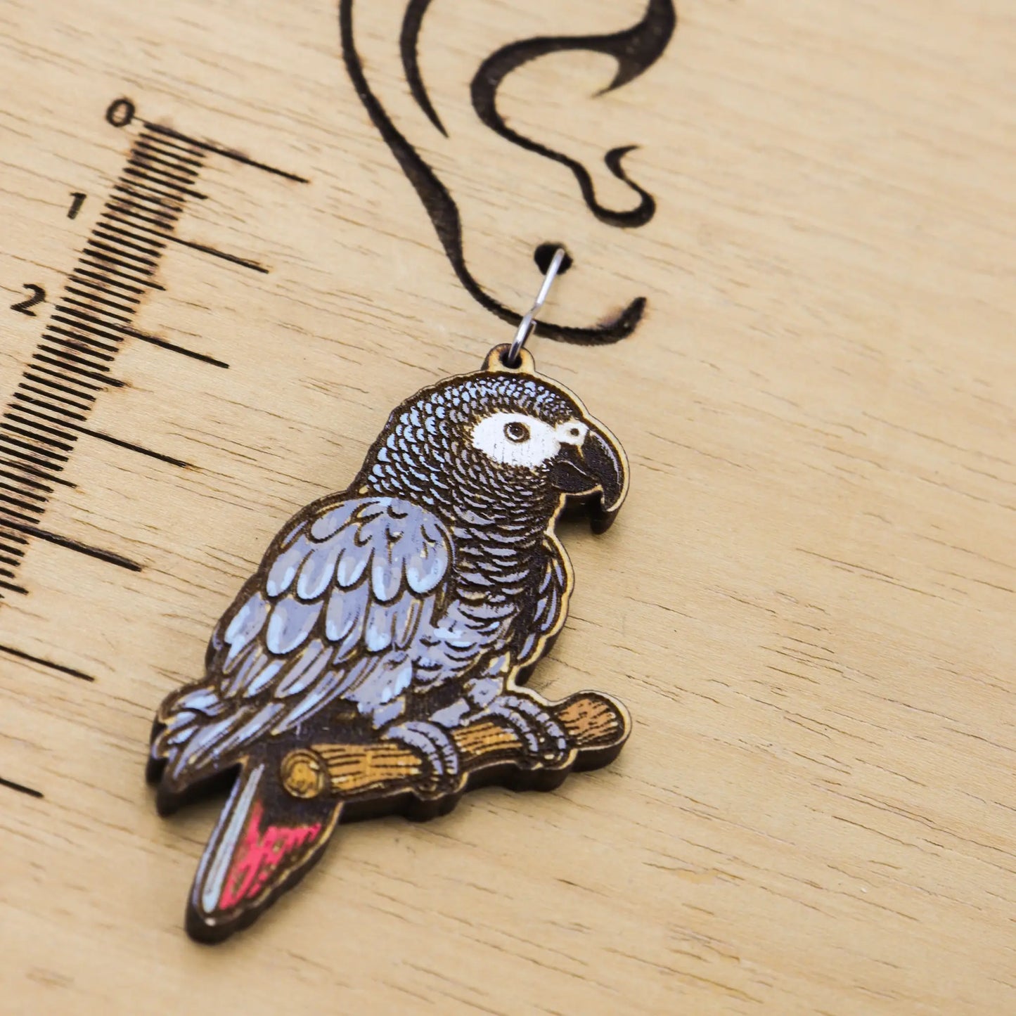 African Grey Parrot wooden earrings for women | hand painted wood earring