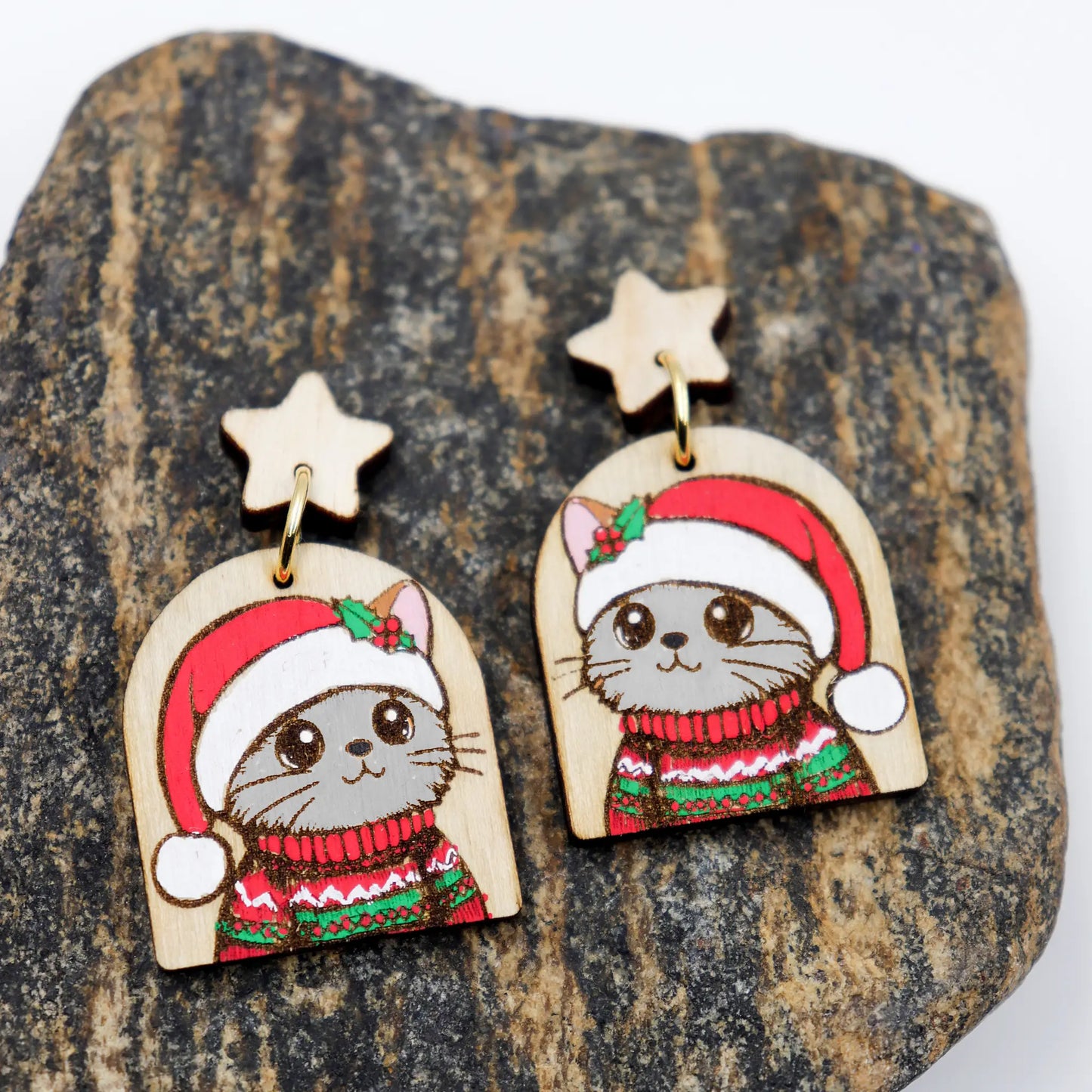 Christmas Earrings | Hand-Painted Cat wearing santa Cap and sweater Wooden Dangle Earrings | eco-friendly earrings for women