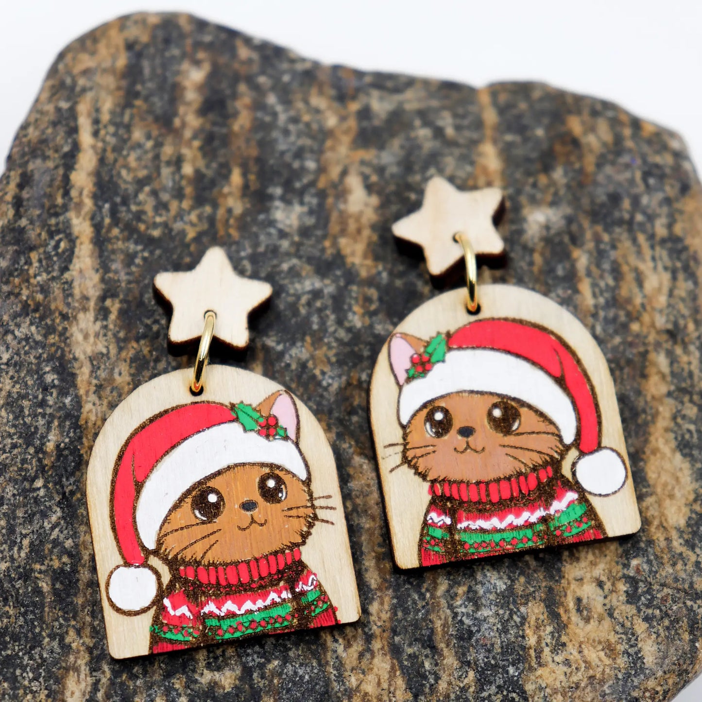 Christmas Earrings | Hand-Painted Cat wearing santa Cap and sweater Wooden Dangle Earrings | eco-friendly earrings for women