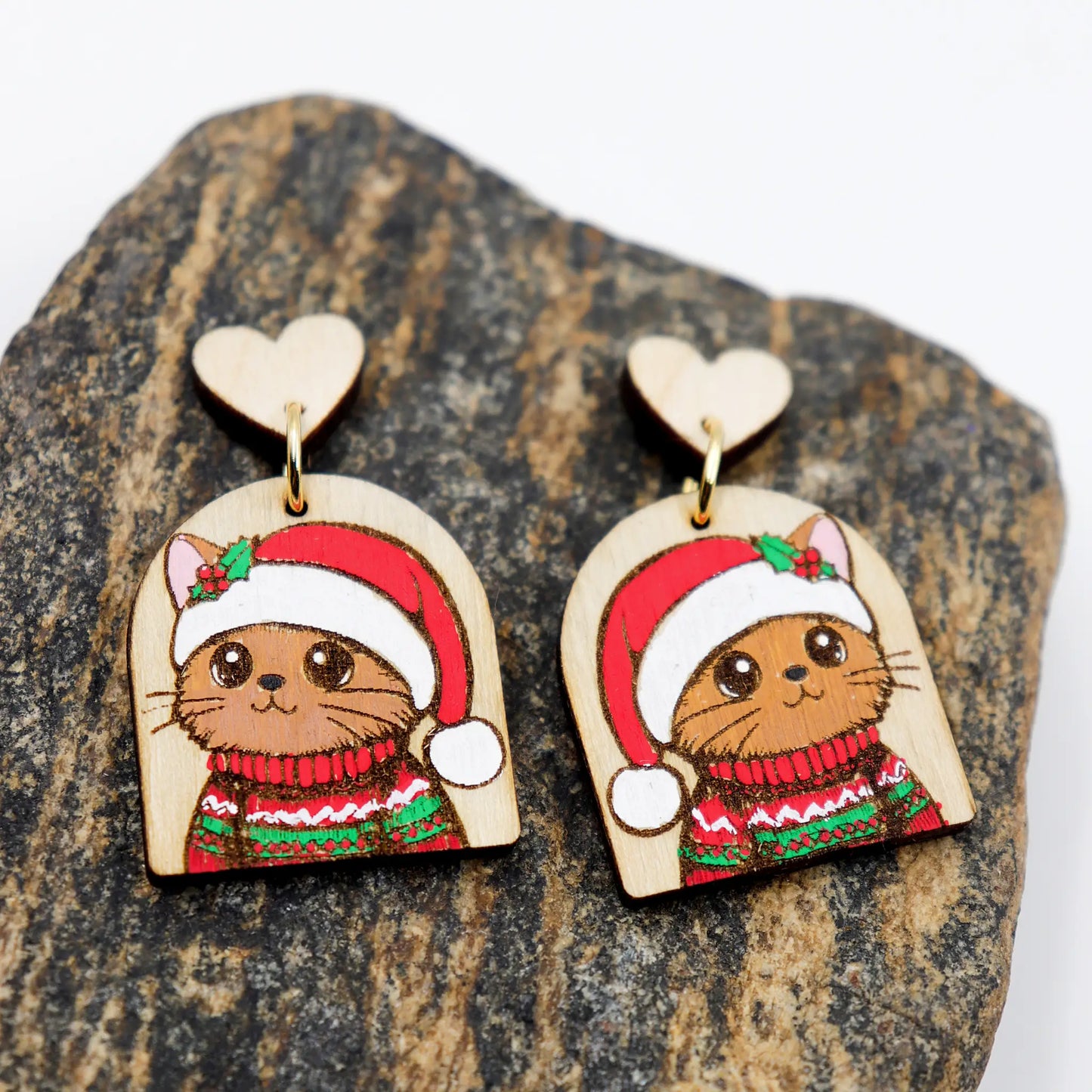 Christmas Earrings | Hand-Painted Cat wearing santa Cap and sweater Wooden Dangle Earrings | eco-friendly earrings for women