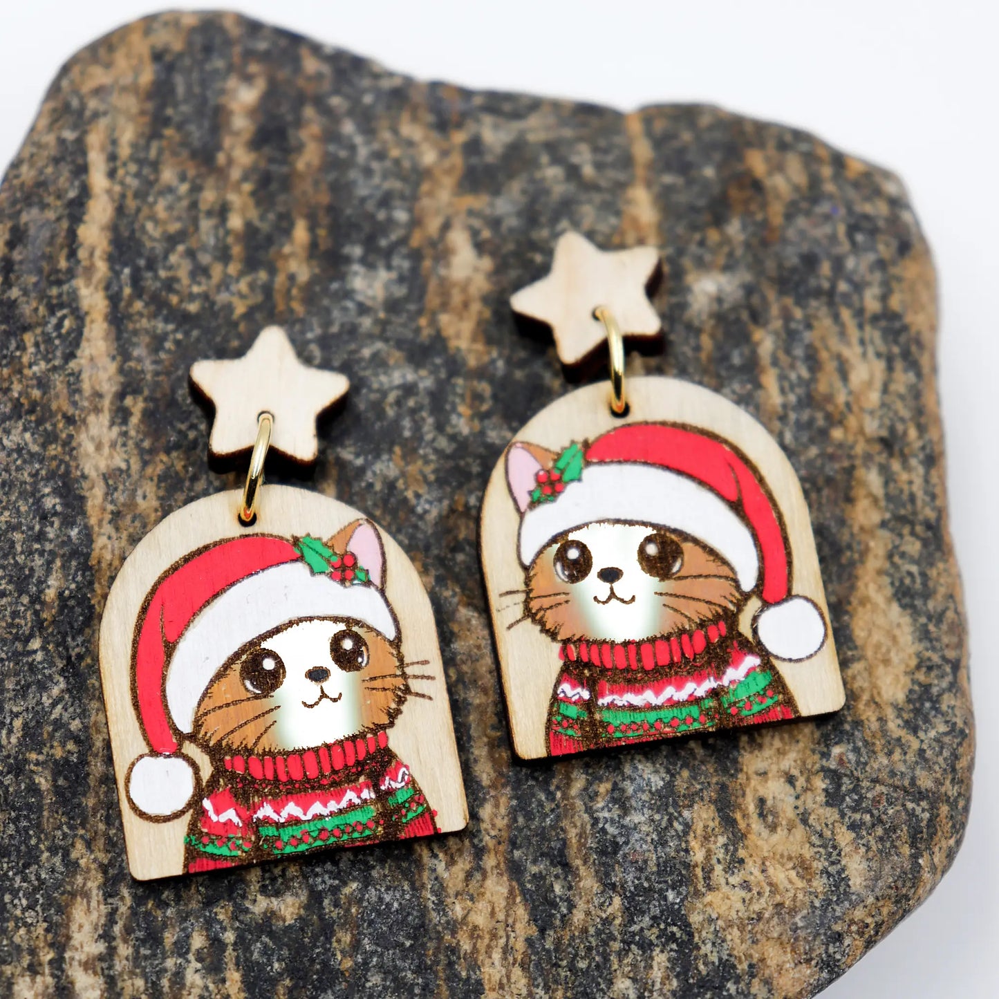 Christmas Earrings | Hand-Painted Cat wearing santa Cap and sweater Wooden Dangle Earrings | eco-friendly earrings for women