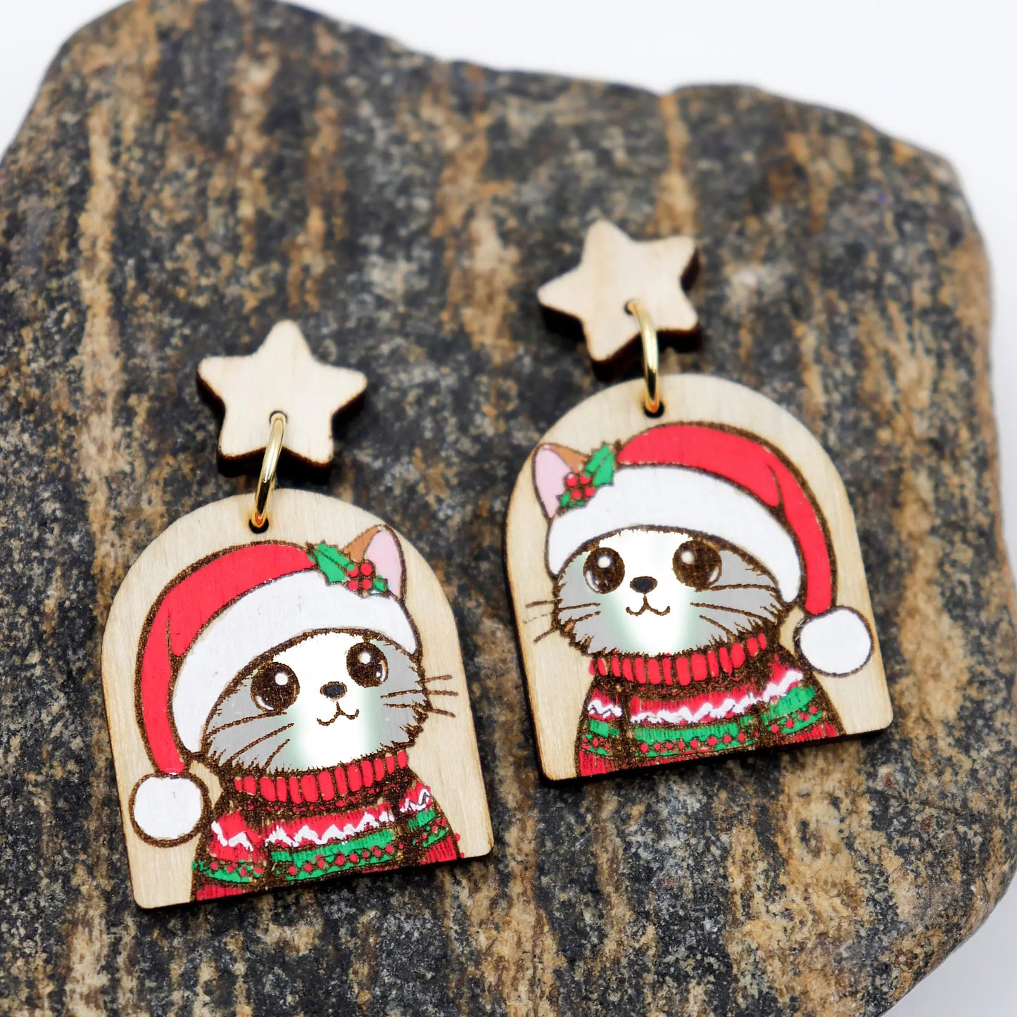 Christmas Earrings | Hand-Painted Cat wearing santa Cap and sweater Wooden Dangle Earrings | eco-friendly earrings for women