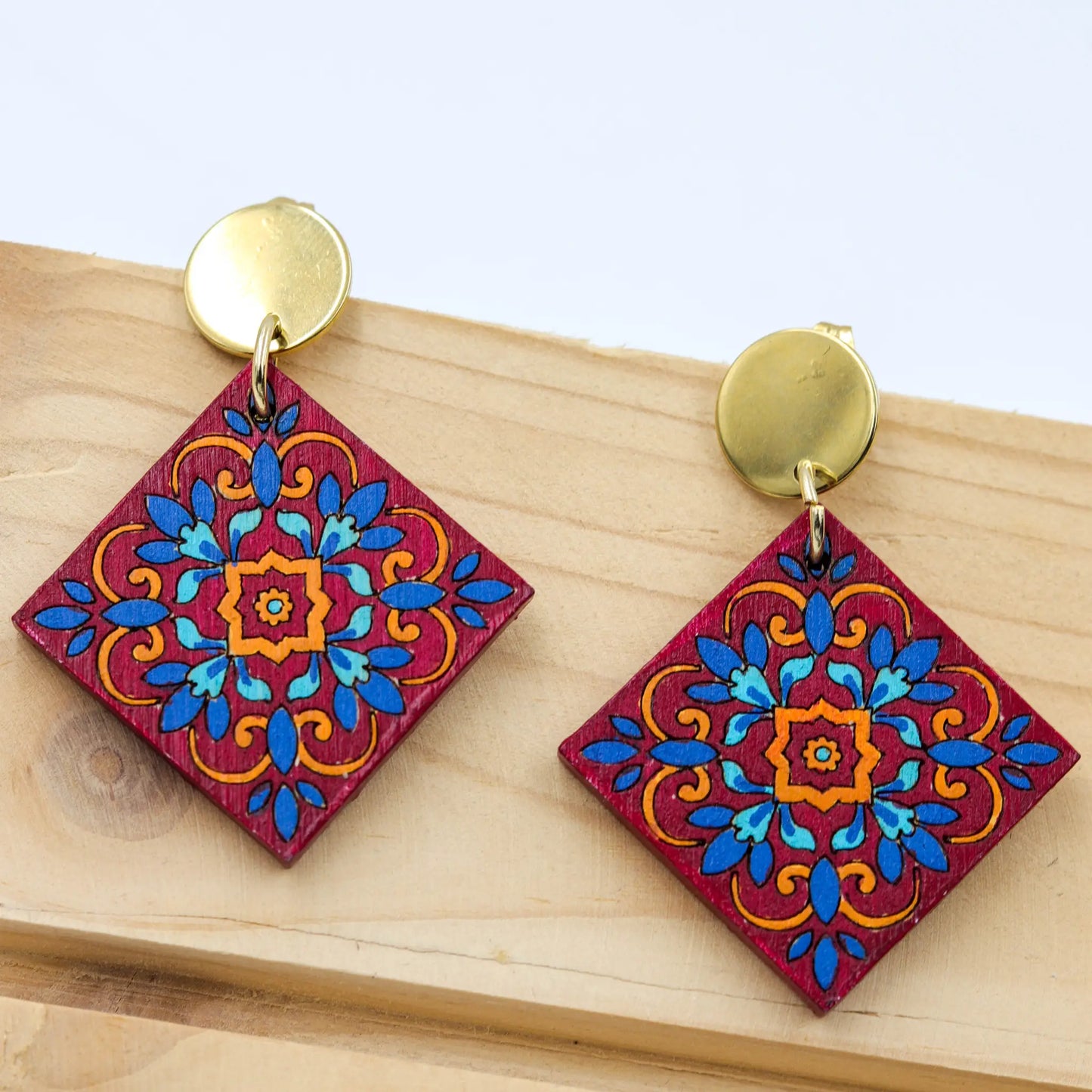 Hand-Painted Red Tile Pattern Wooden Dangle Earrings | eco-friendly and sustainable fashion | tiles inspired jewellery