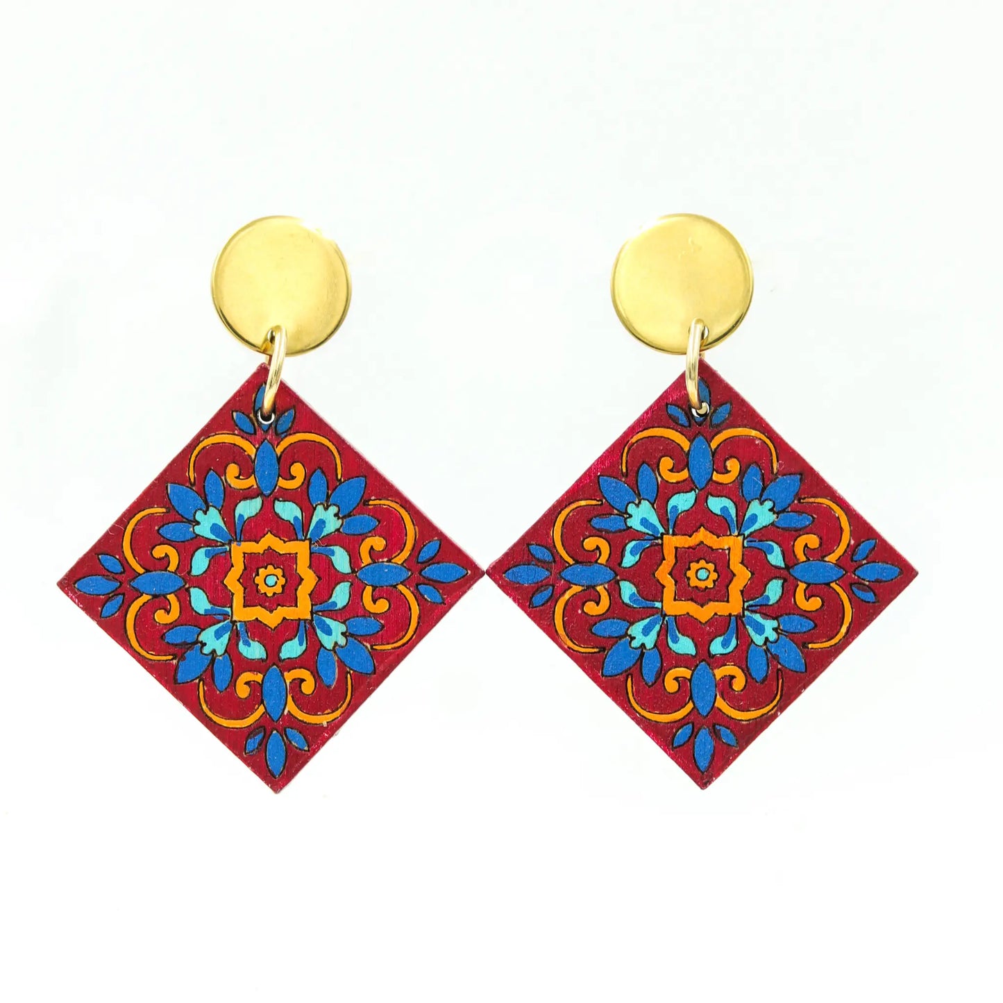 Hand-Painted Red Tile Pattern Wooden Dangle Earrings | eco-friendly and sustainable fashion | tiles inspired jewellery