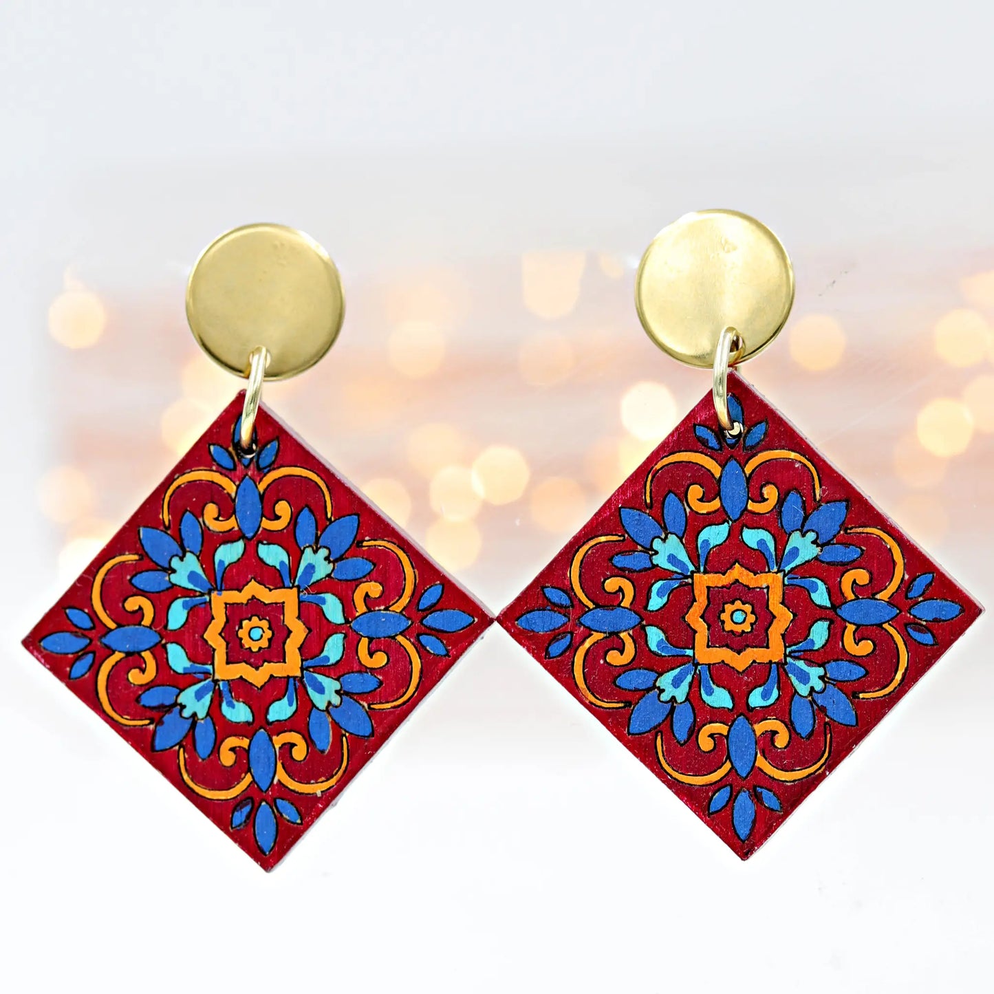 Hand-Painted Red Tile Pattern Wooden Dangle Earrings | eco-friendly and sustainable fashion | tiles inspired jewellery