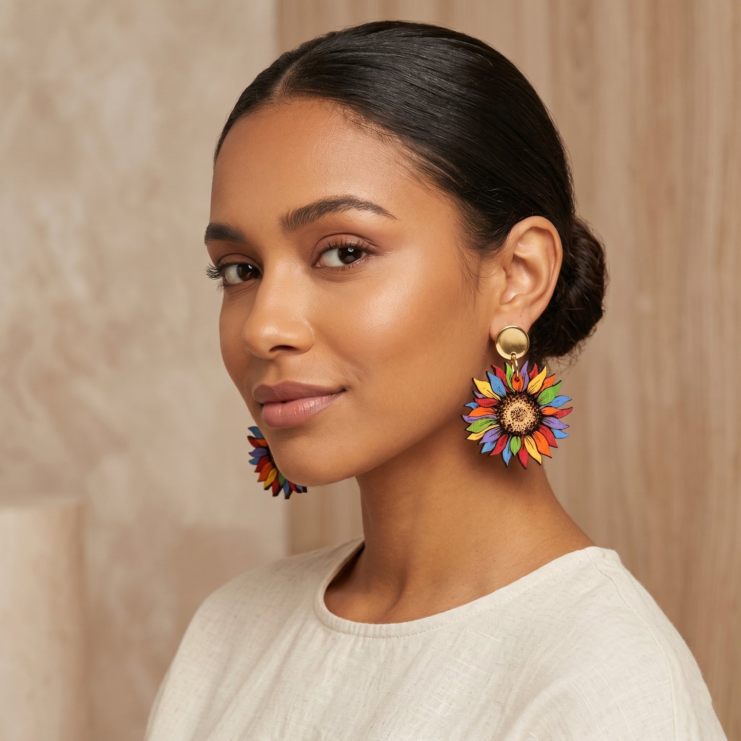 Vibrant sunflower dangler earrings, hand-painted in bold multicolour shades | A perfect gift for nature lovers