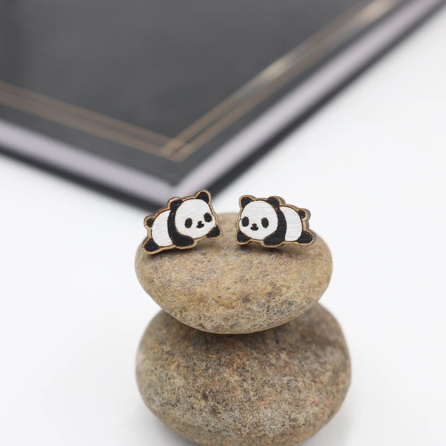 Handpainted Tiny Panda Wooden Stud Earrings – Eco-Friendly Cute Animal Jewelry