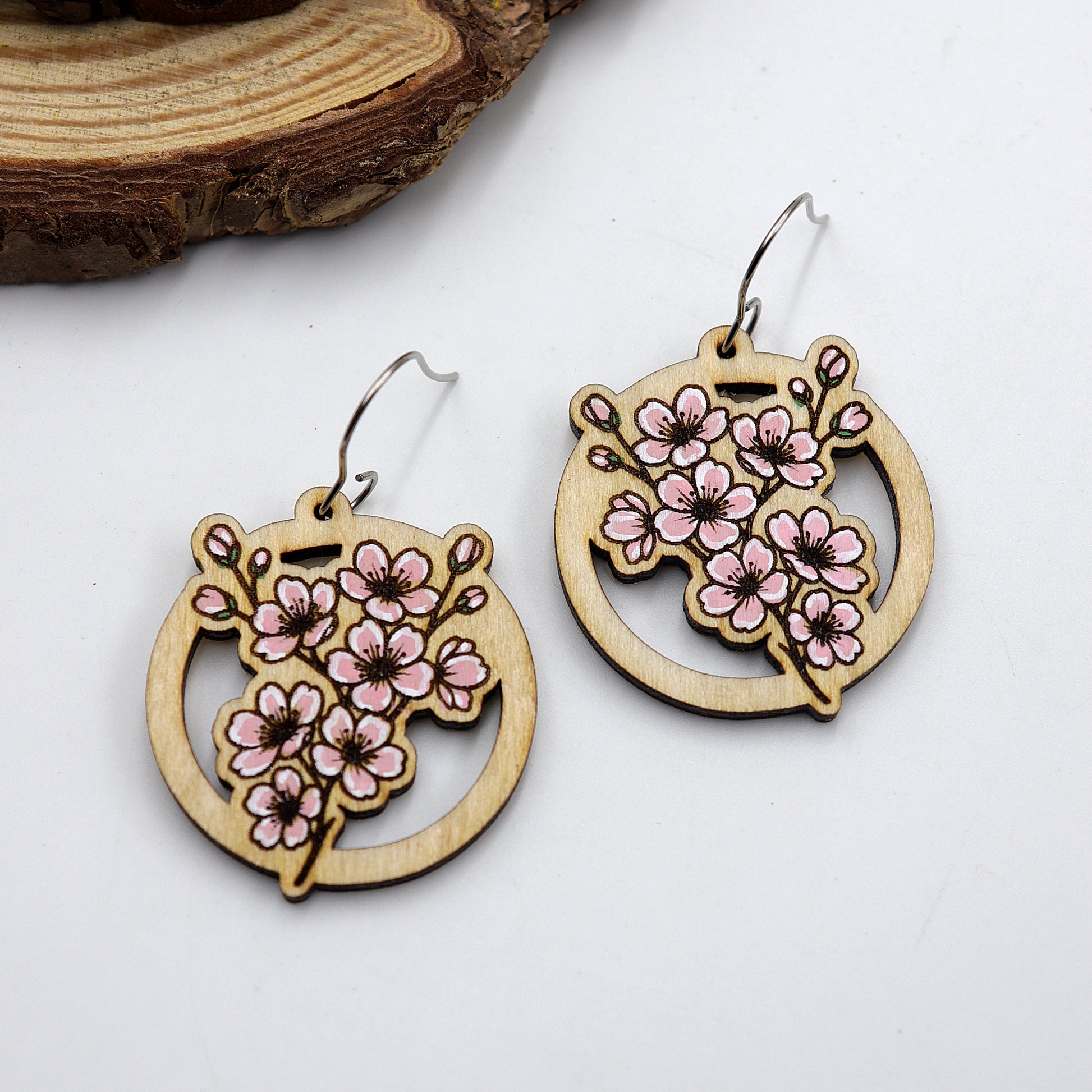 Hand-Painted Light Pink Cherry Blossom Wooden Dangle Earrings