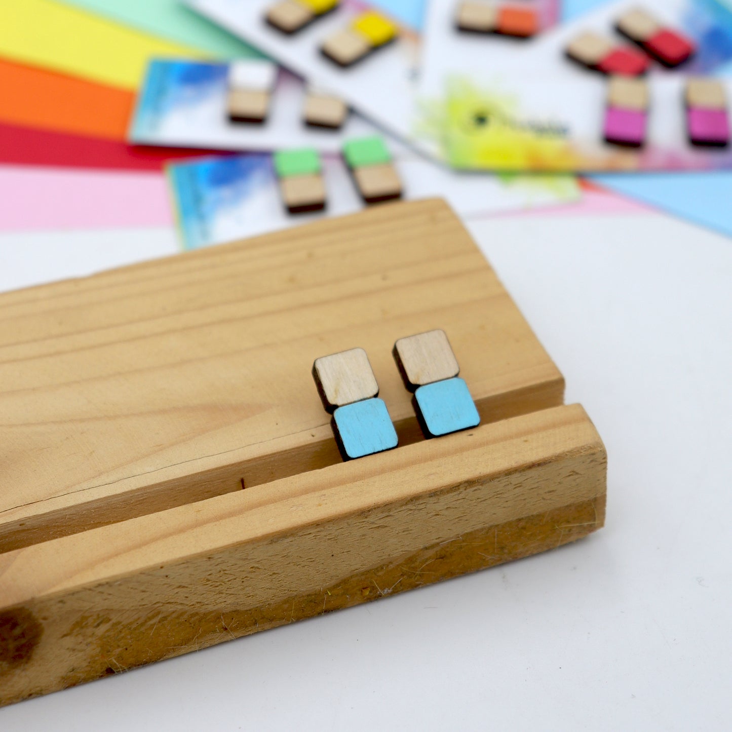 Hand-Painted Wooden Stud Earrings – Laser-Cut Minimalist Color Block Jewelry