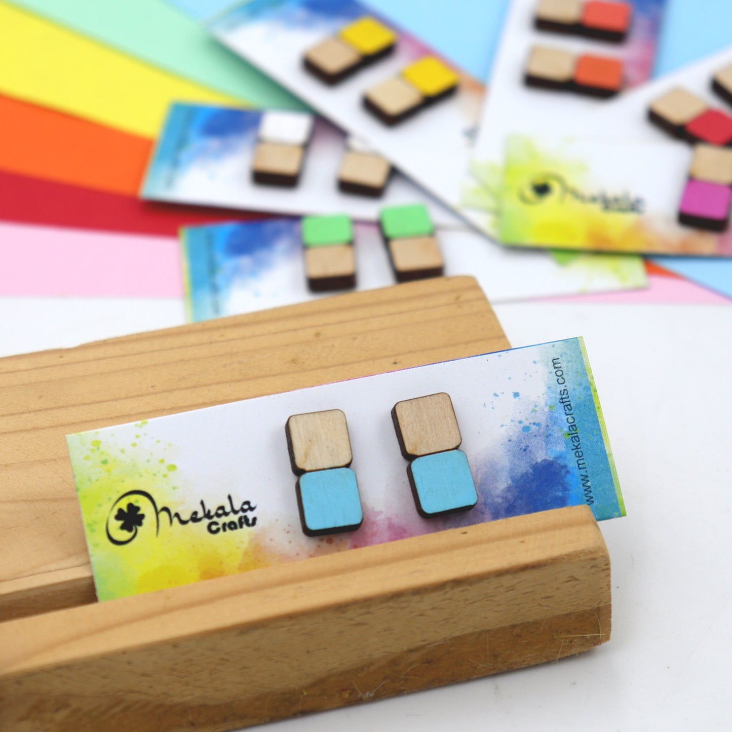 Hand-Painted Wooden Stud Earrings – Laser-Cut Minimalist Color Block Jewelry