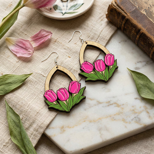 Hand-Painted Tulip Wood Teardrop Earrings – Available in 7 Colors