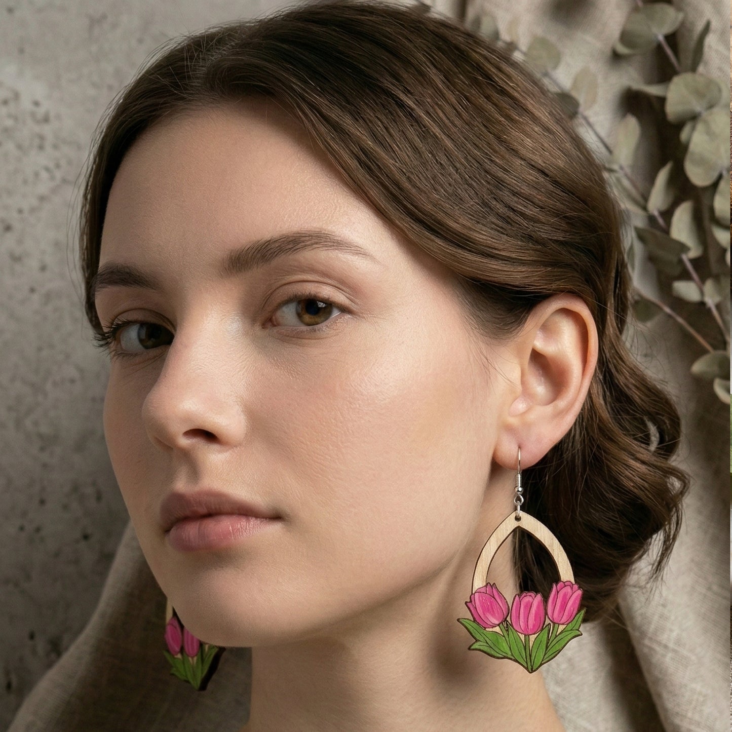 Hand-Painted Tulip Wood Teardrop Earrings – Available in 7 Colors