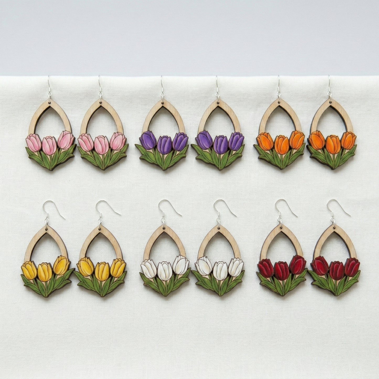 Hand-Painted Tulip Wood Teardrop Earrings – Available in 7 Colors