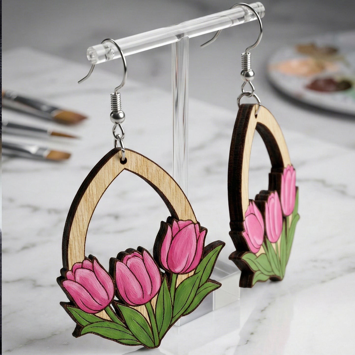 Hand-Painted Tulip Wood Teardrop Earrings – Available in 7 Colors