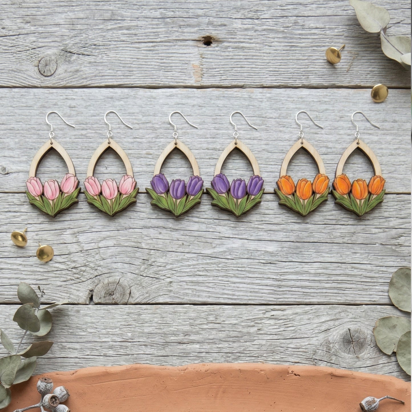 Hand-Painted Tulip Wood Teardrop Earrings – Available in 7 Colors