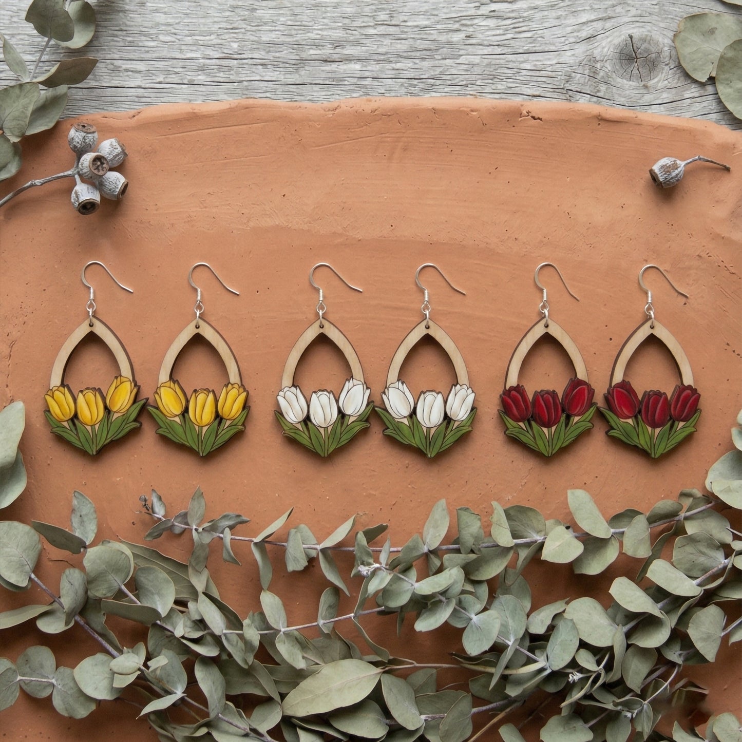Hand-Painted Tulip Wood Teardrop Earrings – Available in 7 Colors