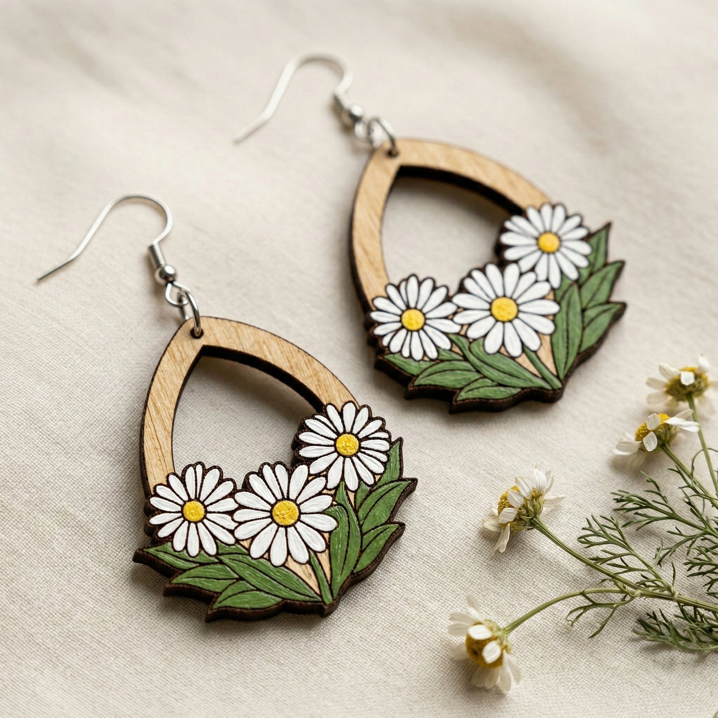 Hand-Painted Wooden Daisy Teardrop Earrings | Floral Teardrop Dangles
