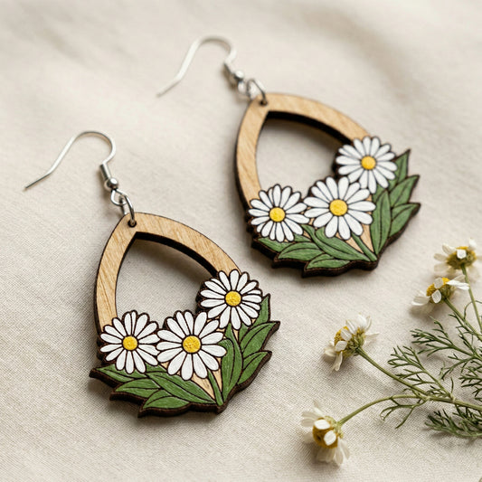 Hand-Painted Wooden Daisy Teardrop Earrings | Floral Teardrop Dangles
