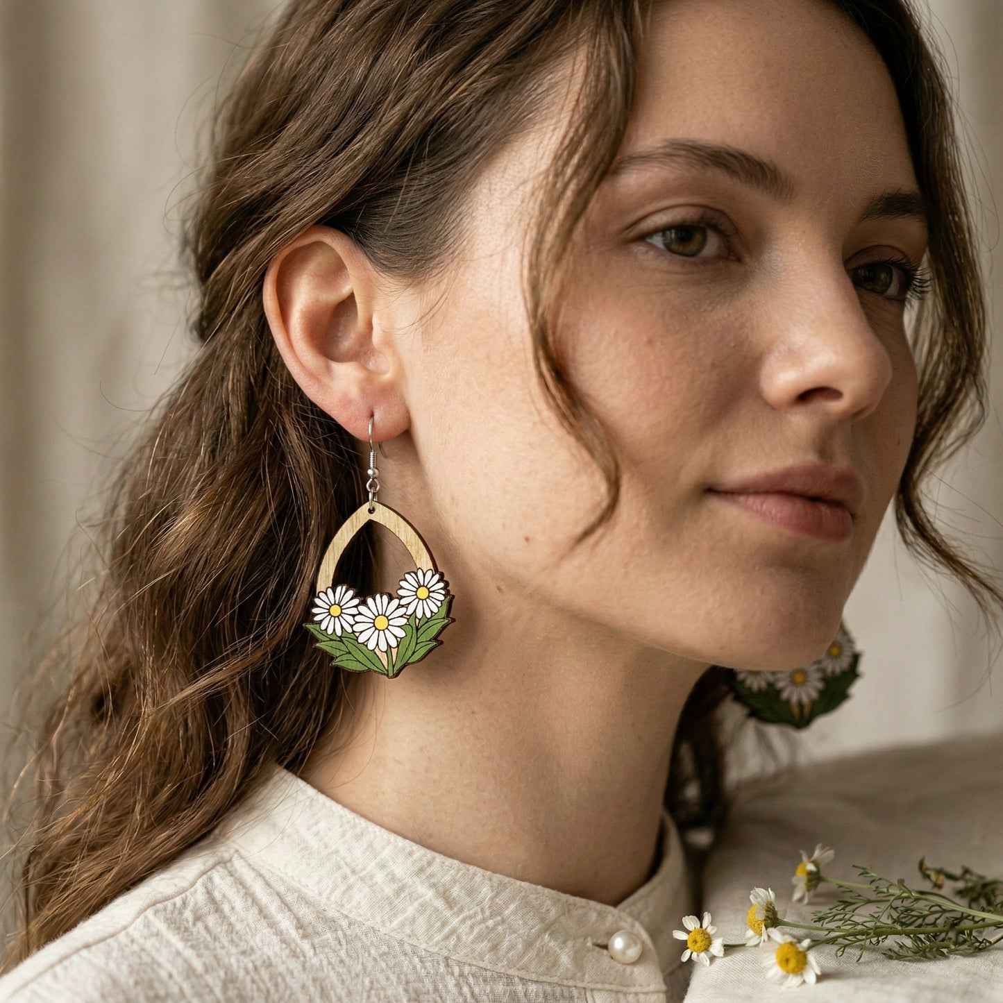 Hand-Painted Wooden Daisy Teardrop Earrings | Floral Teardrop Dangles