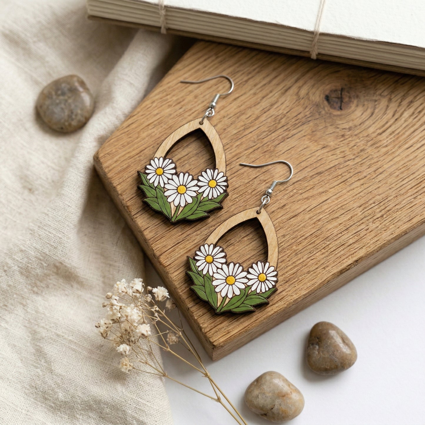 Hand-Painted Wooden Daisy Teardrop Earrings | Floral Teardrop Dangles