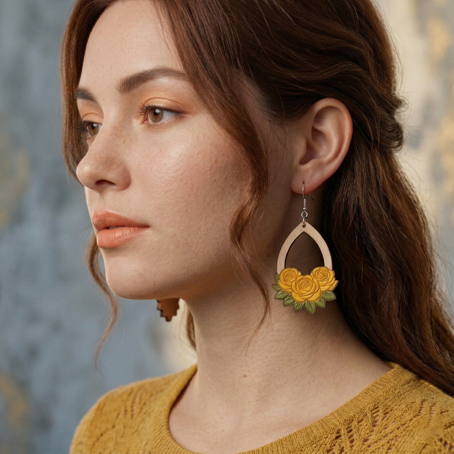 Hand-Painted Rose Wooden Teardrop Earrings | Available in different colors