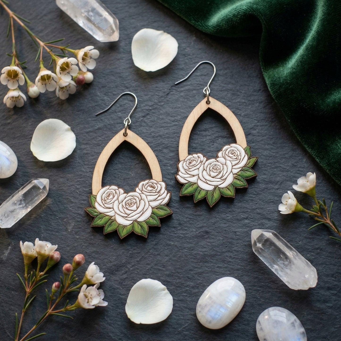 Hand-Painted Rose Wooden Teardrop Earrings | Available in different colors