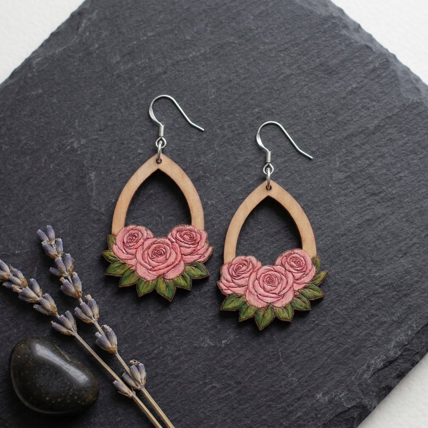 Hand-Painted Rose Wooden Teardrop Earrings | Available in different colors