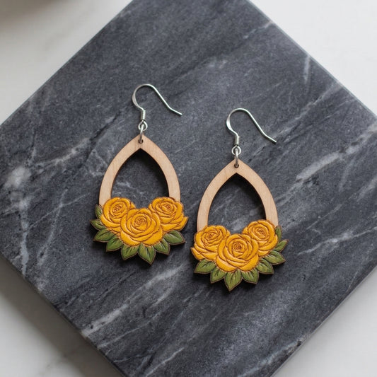 Hand-Painted Rose Wooden Teardrop Earrings | Available in different colors