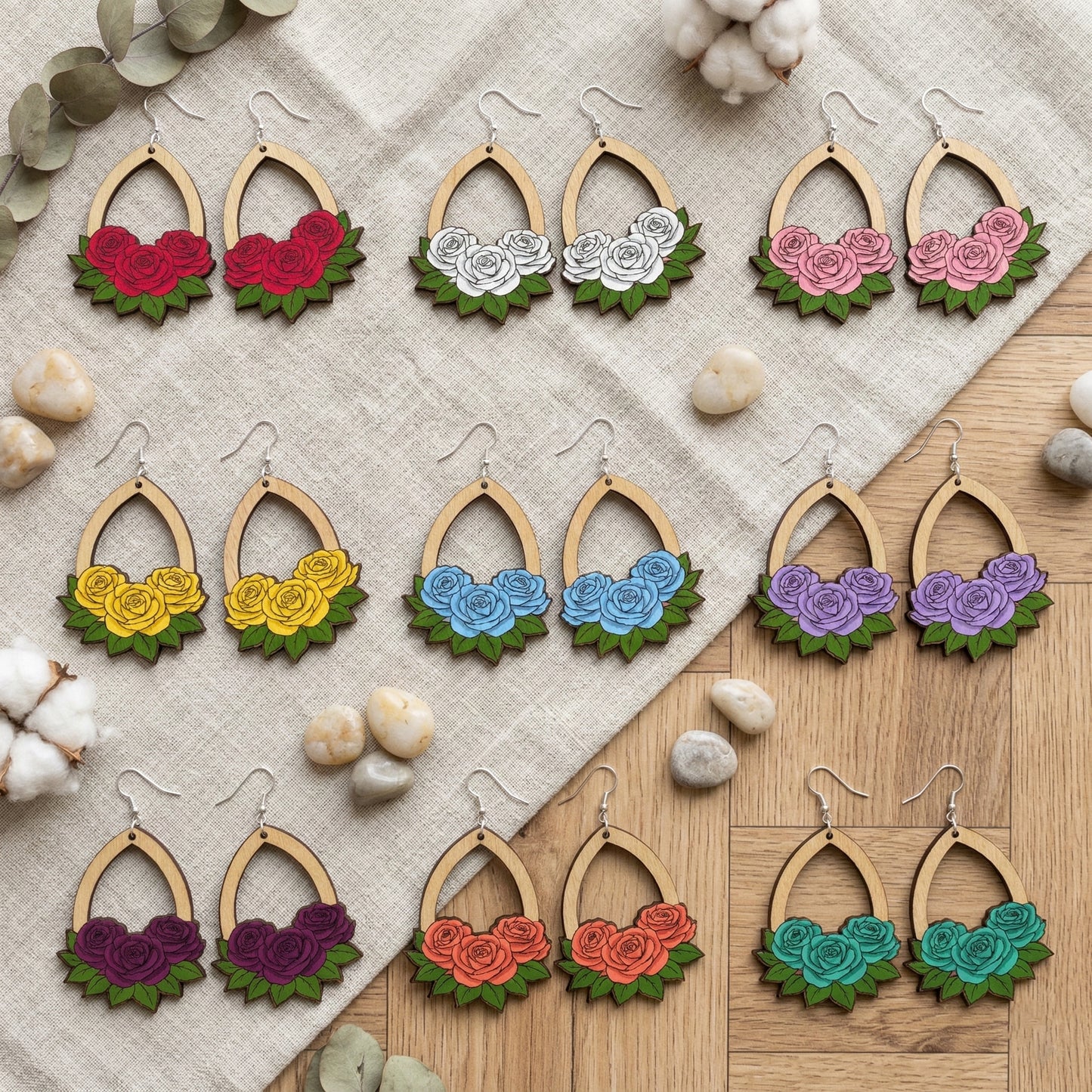 Hand-Painted Rose Wooden Teardrop Earrings | Available in different colors