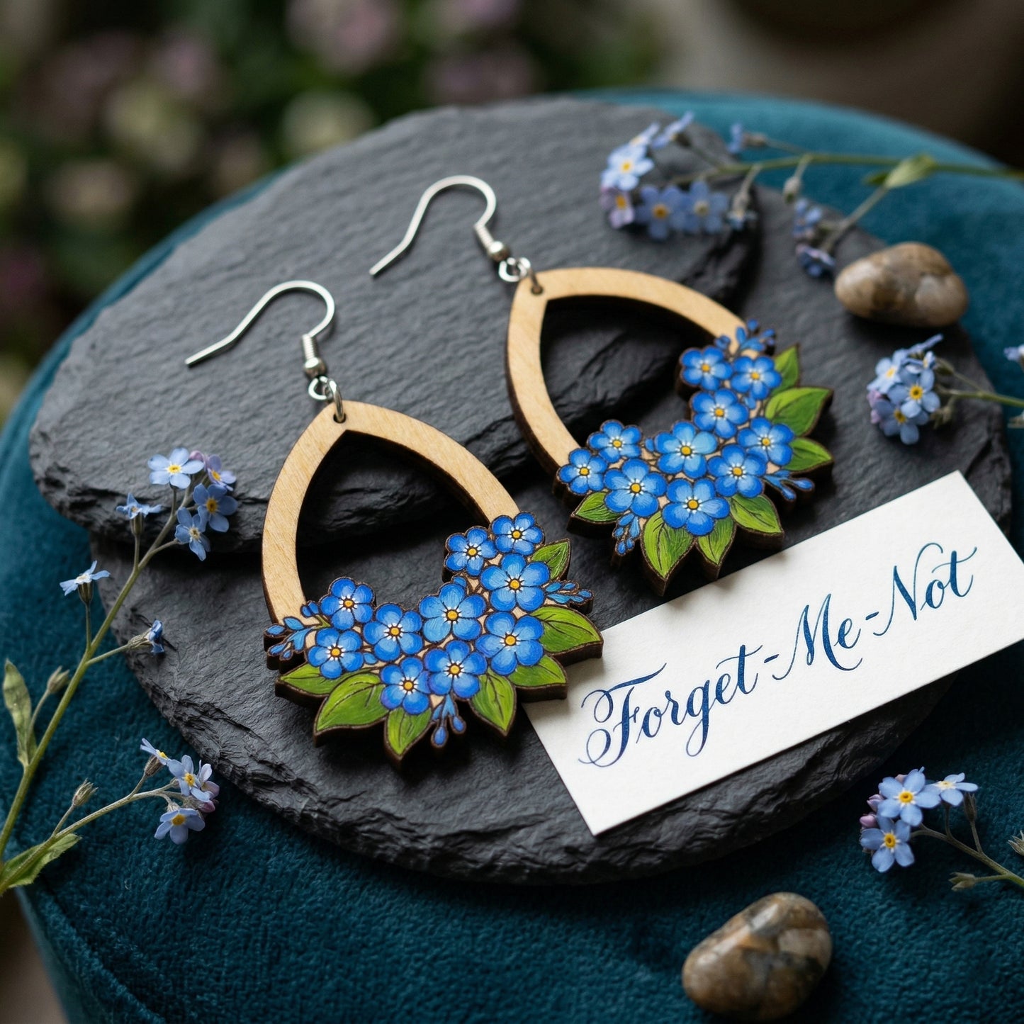 Forget-Me-Not Wood Drop Earrings | Hand-Painted Blue Flower Botanical Jewelry