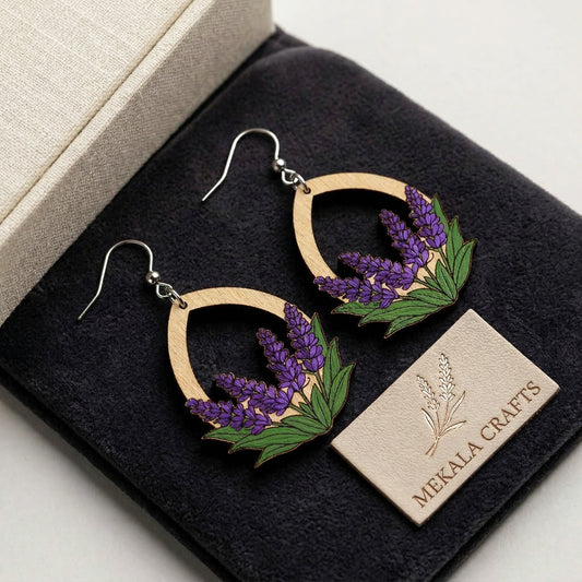 Hand-Painted Lavender Wooden Earrings | Laser-Cut Botanical Floral Dangles