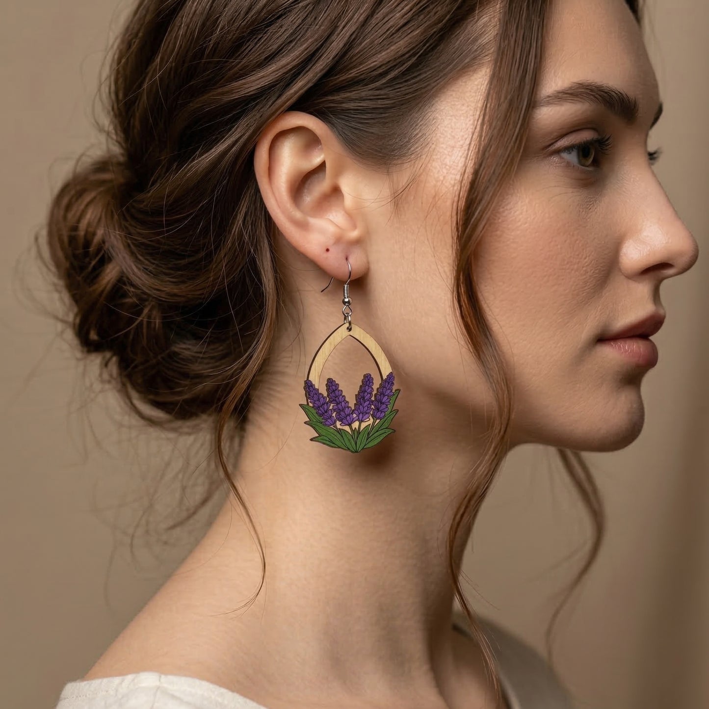 Hand-Painted Lavender Wooden Earrings | Laser-Cut Botanical Floral Dangles