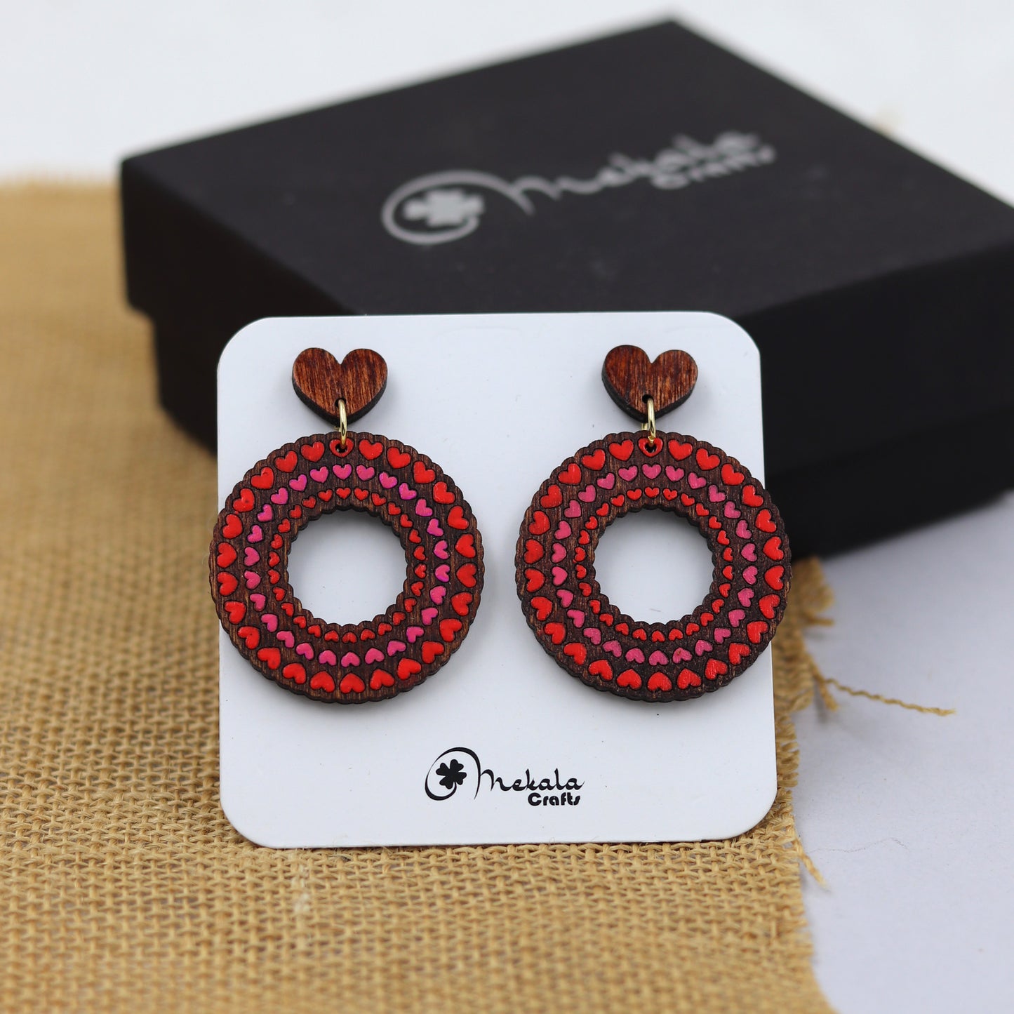 Hand-Painted Wooden Heart Circle Earrings | Gift for Her