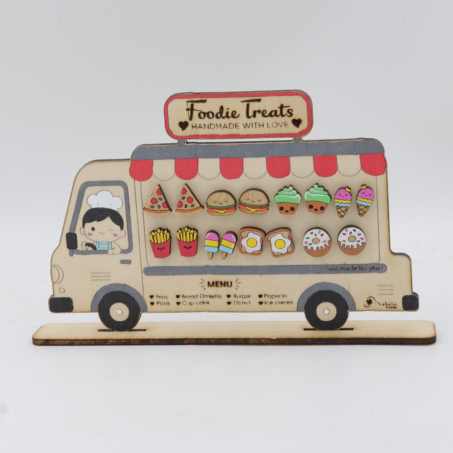 Food Themed Wooden Earrings Gift Set with Wooden Food Truck Display | Pack of 8 earrings