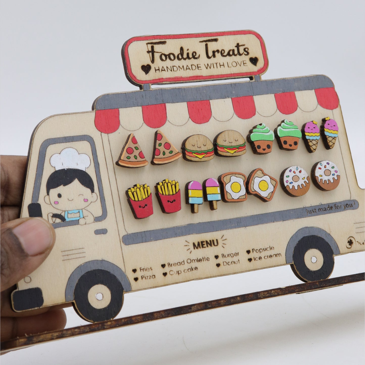 Food Themed Wooden Earrings Gift Set with Wooden Food Truck Display | Pack of 8 earrings