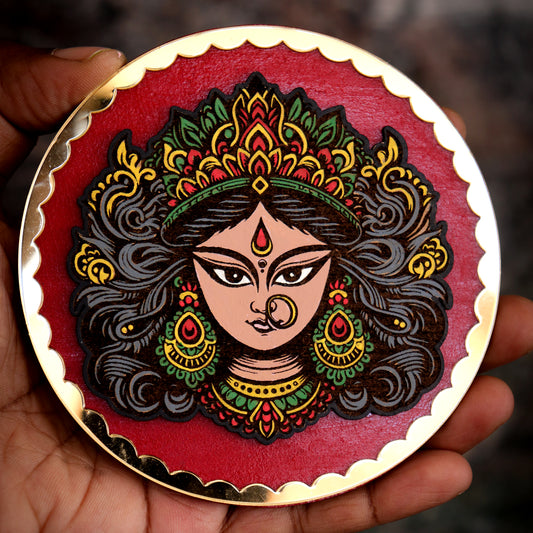 Hand-Painted Goddess Durga Ma Wooden Fridge Magnet – Navratri Home Decor, Spiritual Gift, Eco-Friendly Handmade Art