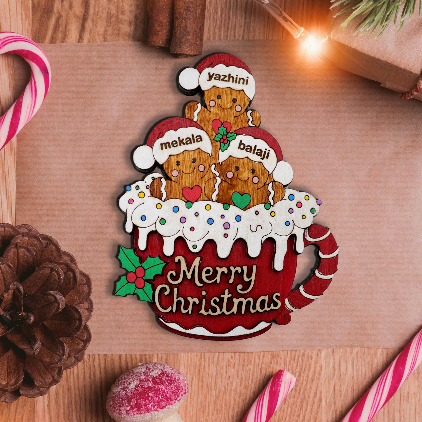 Custom Family Gingerbread Christmas Wooden Fridge Magnet | Personalized Holiday Decoration | Hand-Painted Ornament Gift