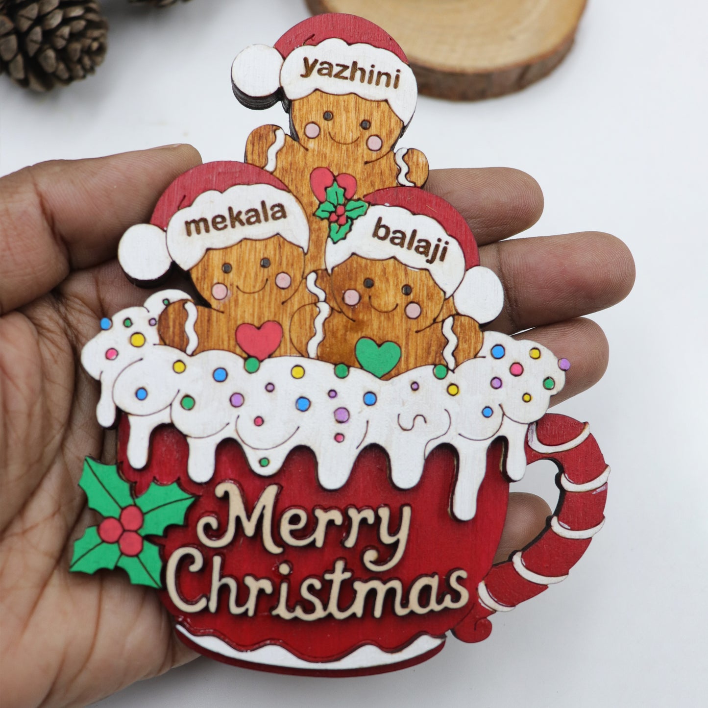 Custom Family Gingerbread Christmas Wooden Fridge Magnet | Personalized Holiday Decoration | Hand-Painted Ornament Gift