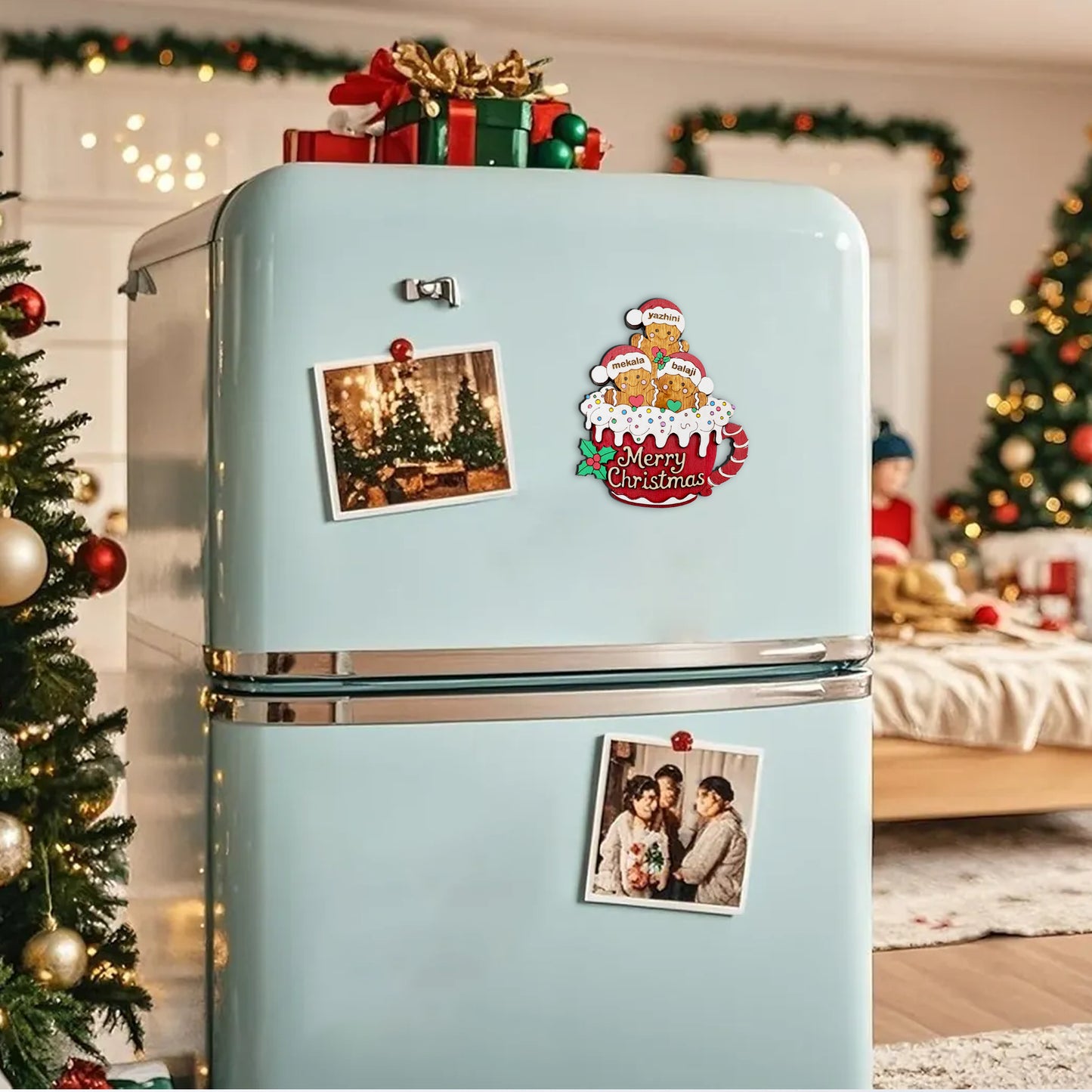 Custom Family Gingerbread Christmas Wooden Fridge Magnet | Personalized Holiday Decoration | Hand-Painted Ornament Gift