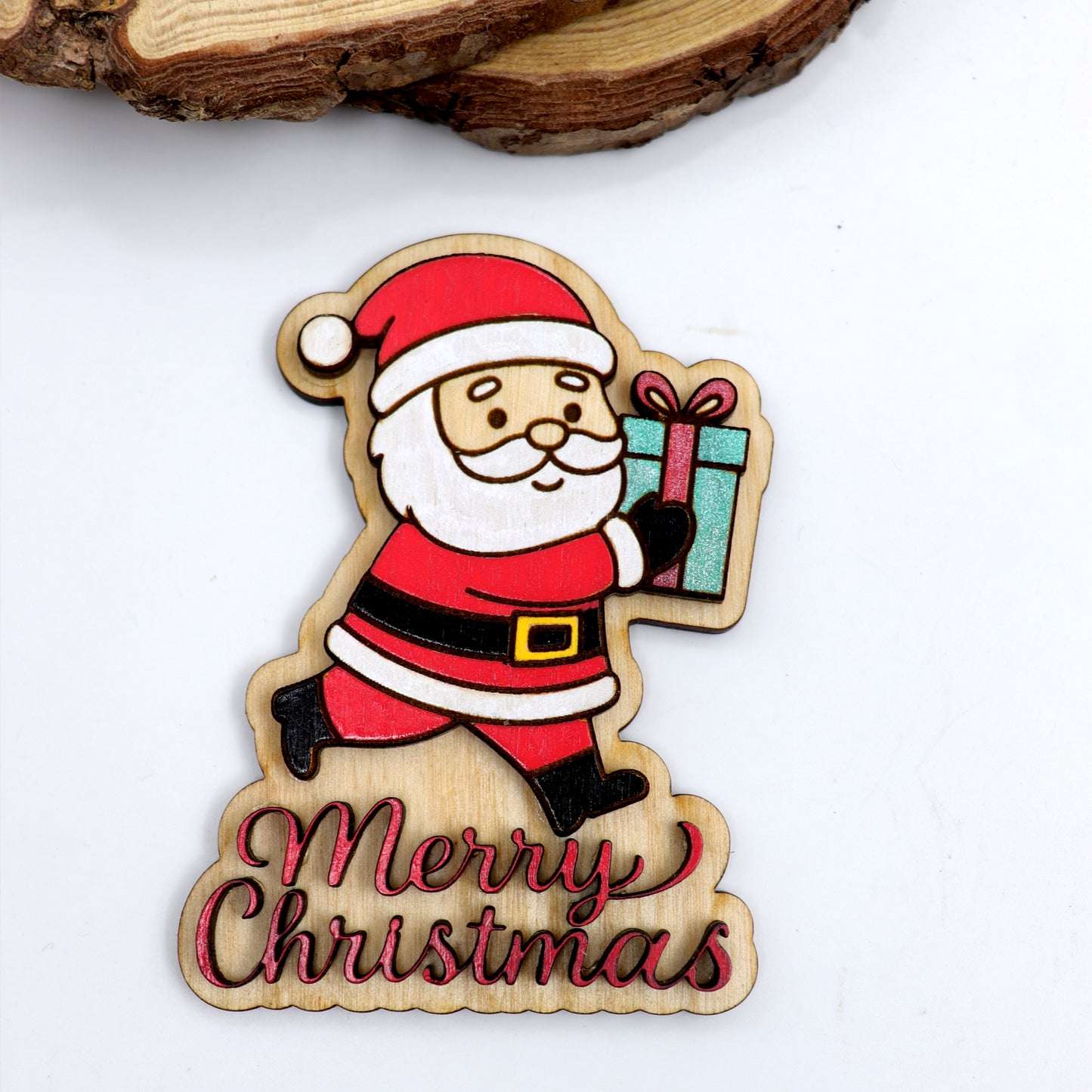 Hand-Painted Wooden Santa “Merry Christmas” Fridge Magnet – Laser Cut Holiday Decor