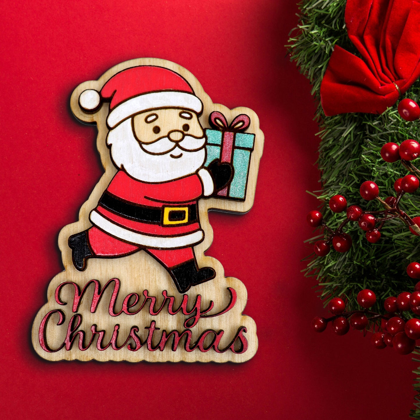 Hand-Painted Wooden Santa “Merry Christmas” Fridge Magnet – Laser Cut Holiday Decor