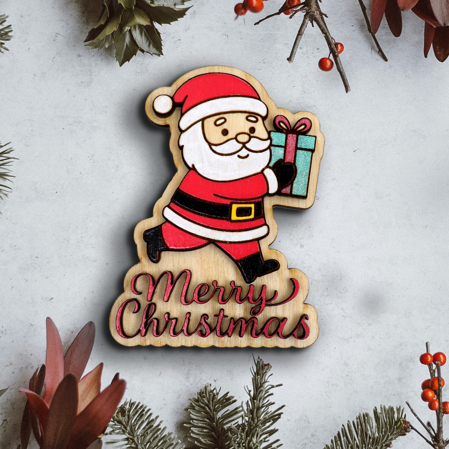 Hand-Painted Wooden Santa “Merry Christmas” Fridge Magnet – Laser Cut Holiday Decor